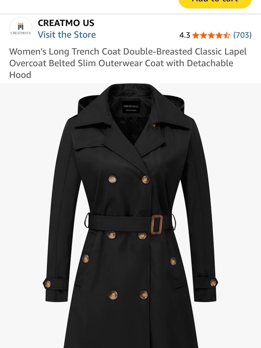 Women's Black Double-Breasted Trench Coat with Belt